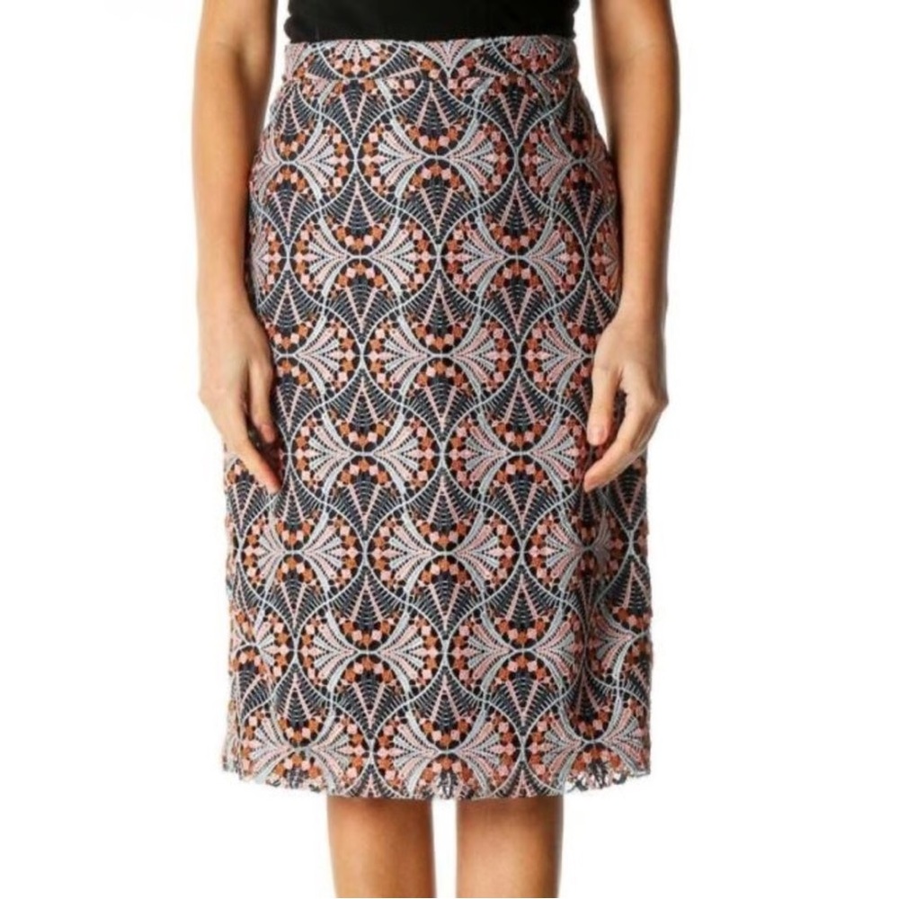 Anthropologie Moulinette Soeurs Embroidered Lace Pencil Skirt Size 8 Pink Navy